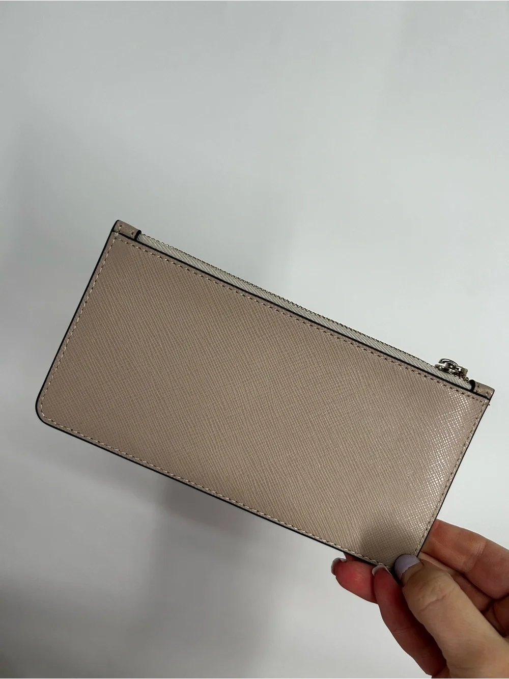 Kate Spade Gold Logo Warm Taupe Crossgrain Leather Zip Up Coin Purse Wallet